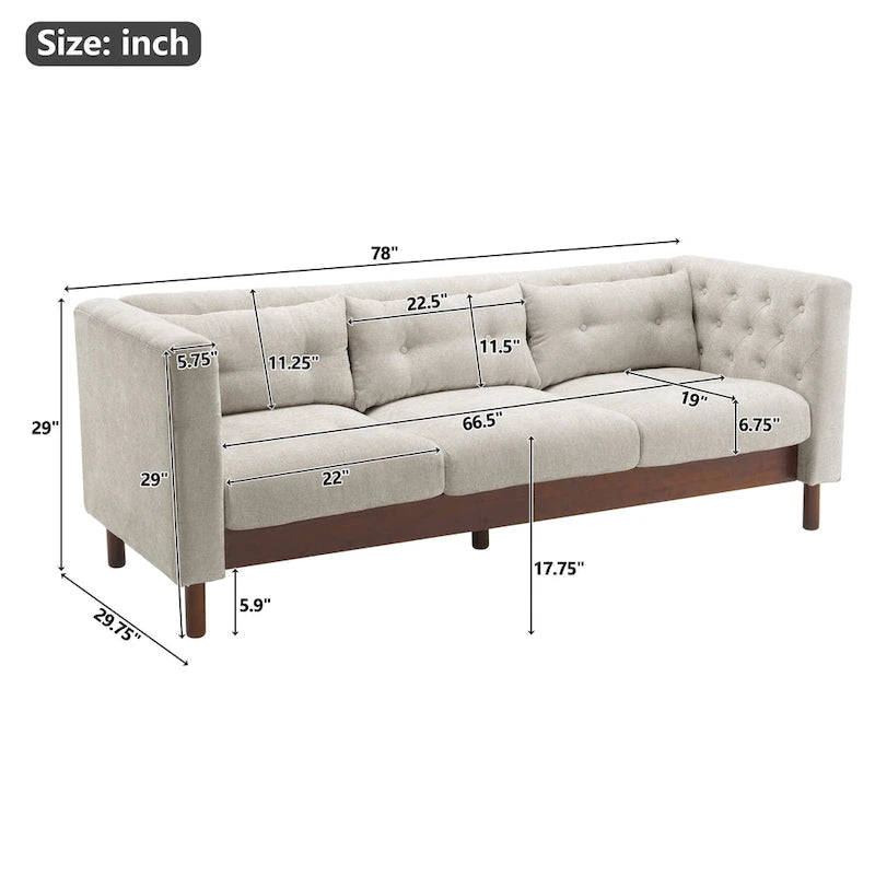 Modern Upholstered 3-Seater Tufted Sofa Couch for Living Room
