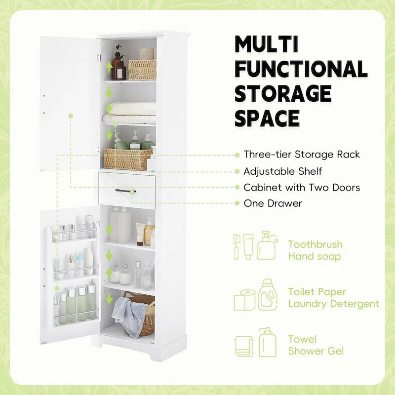 Freestanding Bathroom Cabinet with 2 Doors, Adjustable Shelves & Door Storage,Tall Bathroom Organizer