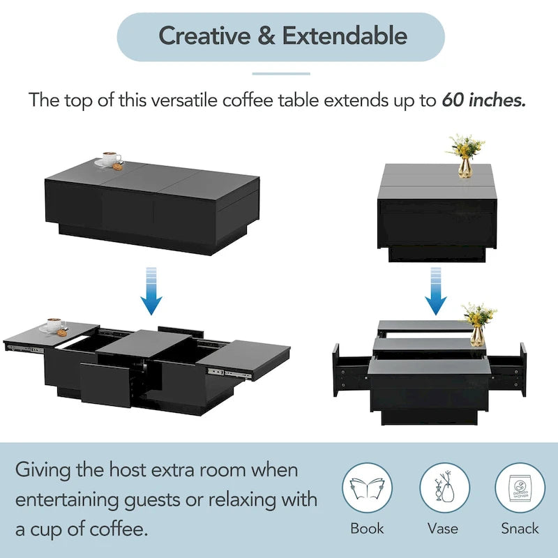 Modern Stylish Coffee Table Extendable Coffee Table with 2 Large Storage Compartments 2 Drawers, for Living Room