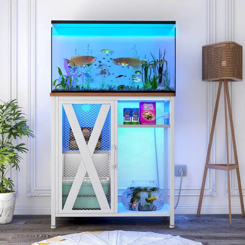 Aquarium Stand with Power Outlets and 7 Color RGB Light,Fish Tank Stand with Storage Cabinet