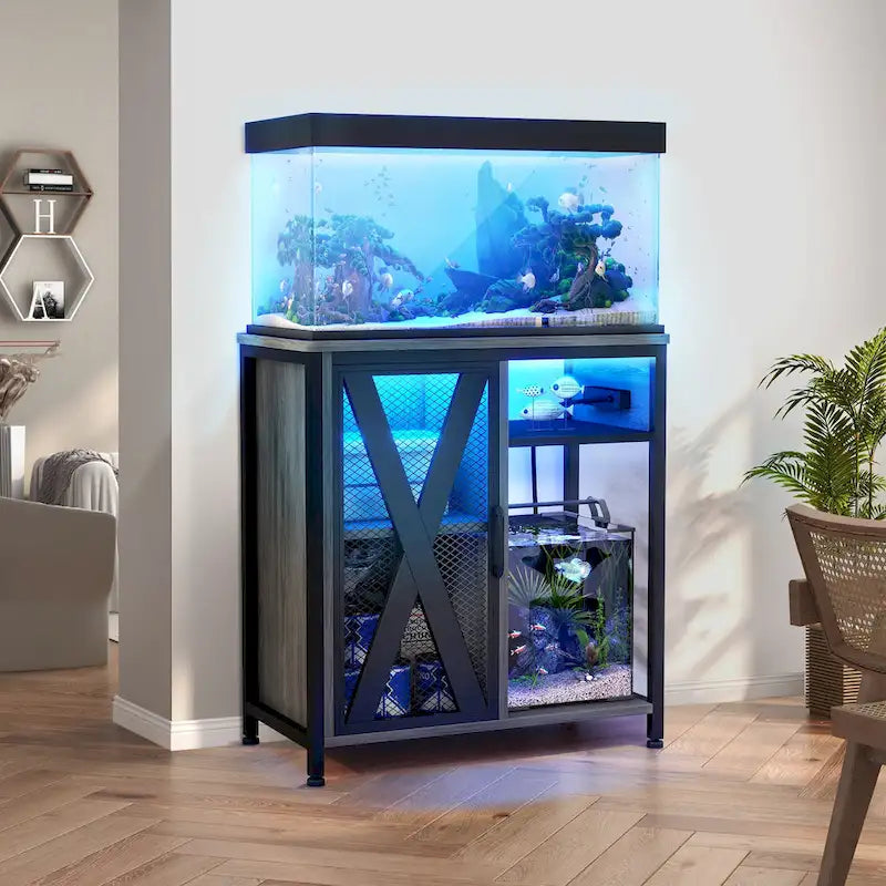 Aquarium Stand with Power Outlets and 7 Color RGB Light,Fish Tank Stand with Storage Cabinet