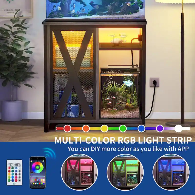 Aquarium Stand with Power Outlets and 7 Color RGB Light,Fish Tank Stand with Storage Cabinet