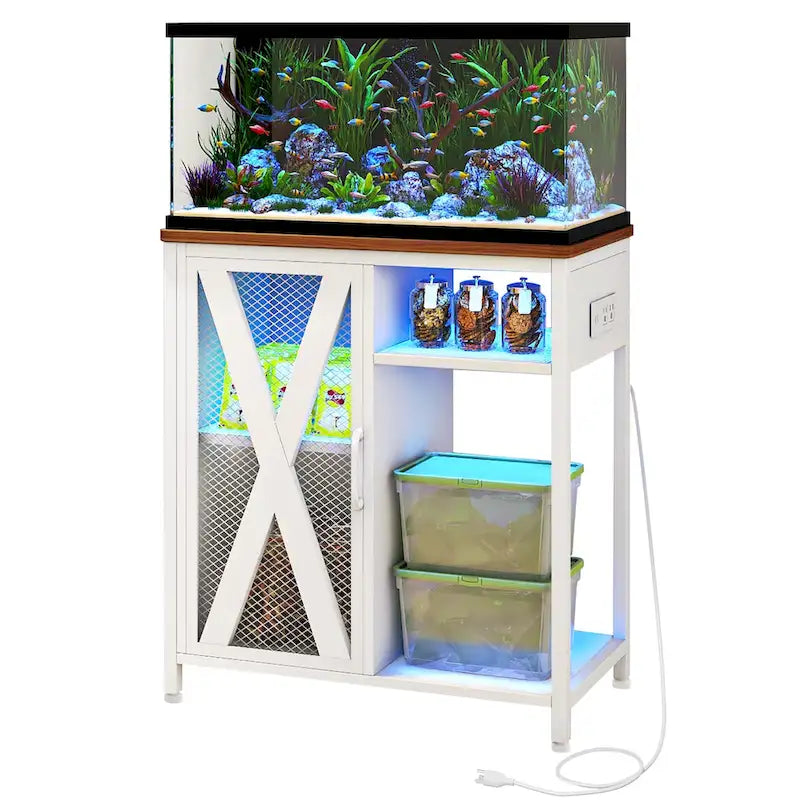 Aquarium Stand with Power Outlets and 7 Color RGB Light,Fish Tank Stand with Storage Cabinet
