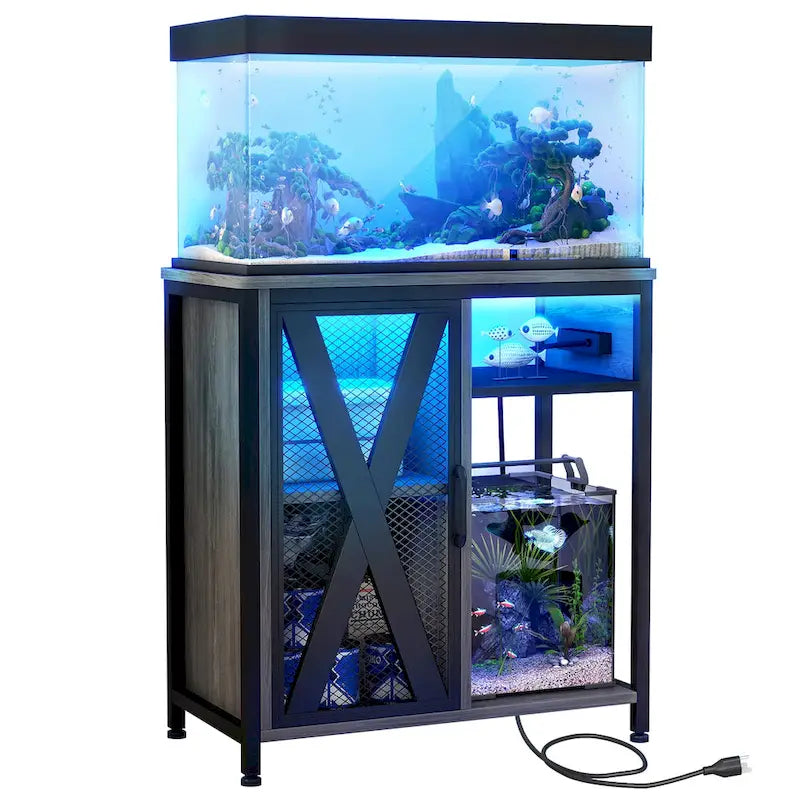 Aquarium Stand with Power Outlets and 7 Color RGB Light,Fish Tank Stand with Storage Cabinet