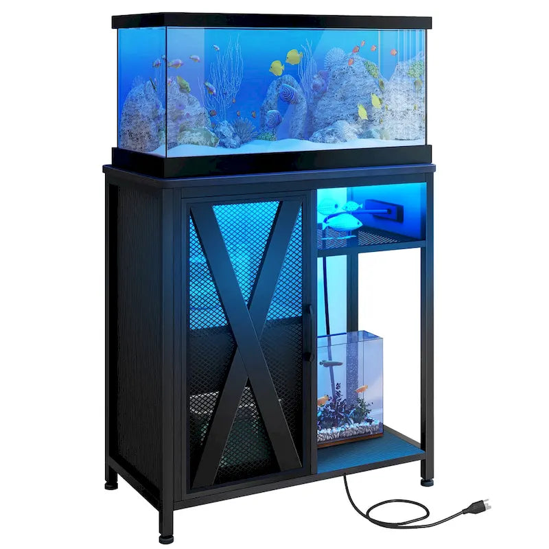 Aquarium Stand with Power Outlets and 7 Color RGB Light,Fish Tank Stand with Storage Cabinet