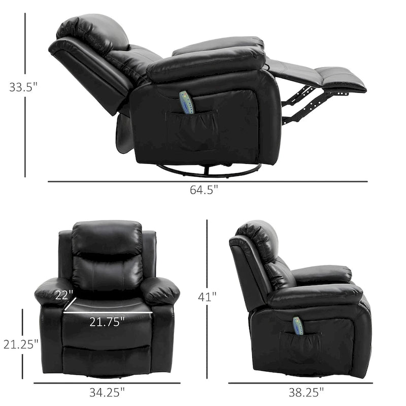 PU Leather Massage Recliner Chair, Swivel Rocker Sofa with Remote Control, Footrest, Padded Seat for Living Room