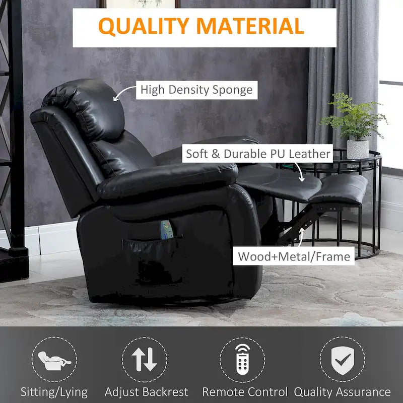 PU Leather Massage Recliner Chair, Swivel Rocker Sofa with Remote Control, Footrest, Padded Seat for Living Room