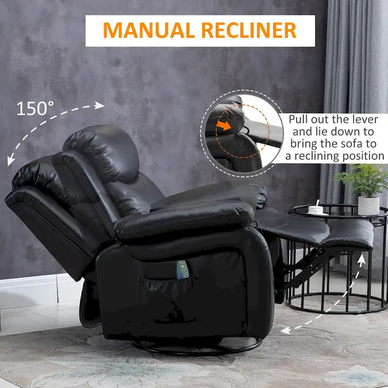 PU Leather Massage Recliner Chair, Swivel Rocker Sofa with Remote Control, Footrest, Padded Seat for Living Room