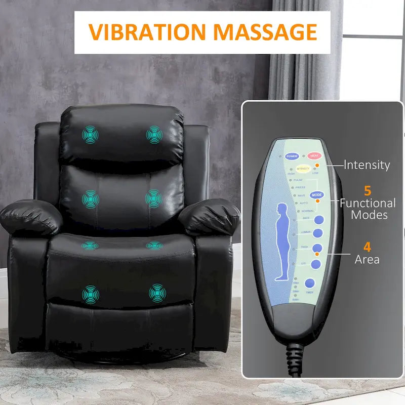 PU Leather Massage Recliner Chair, Swivel Rocker Sofa with Remote Control, Footrest, Padded Seat for Living Room