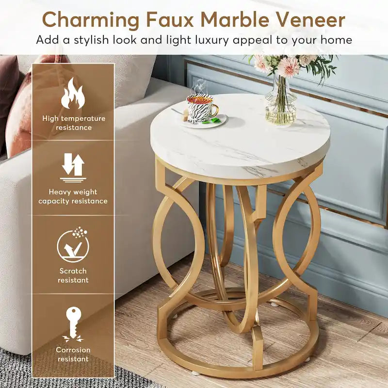 Gold End Table, Round Side Table with Faux Marble Top