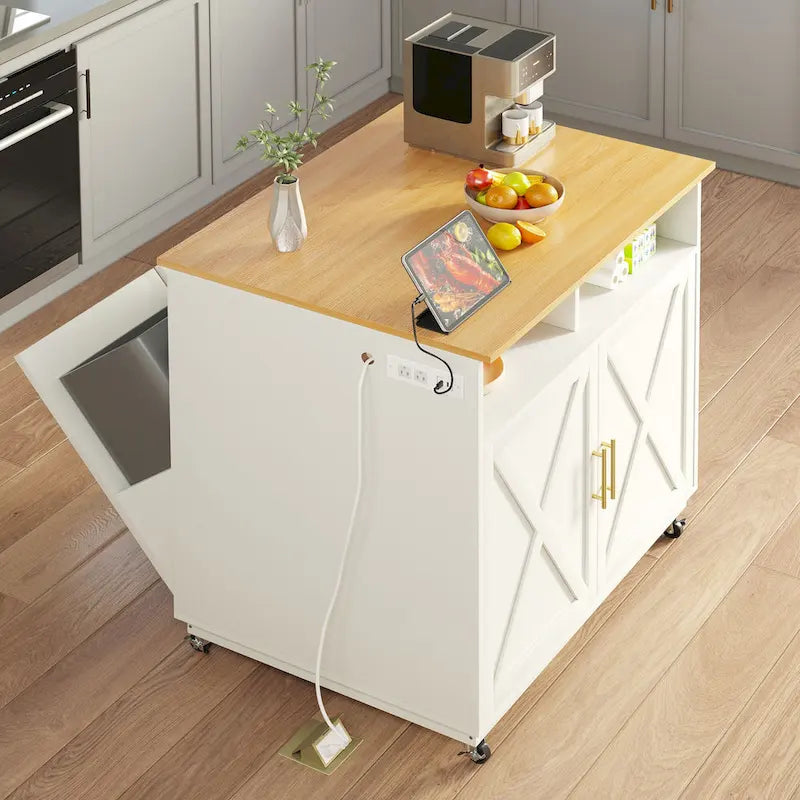 Rolling Kitchen Island Mobile Cart with Trash Can Storage Cabinet