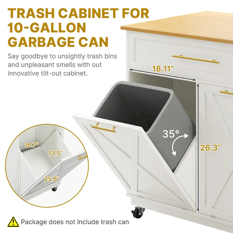 Rolling Kitchen Island Mobile Cart with Trash Can Storage Cabinet