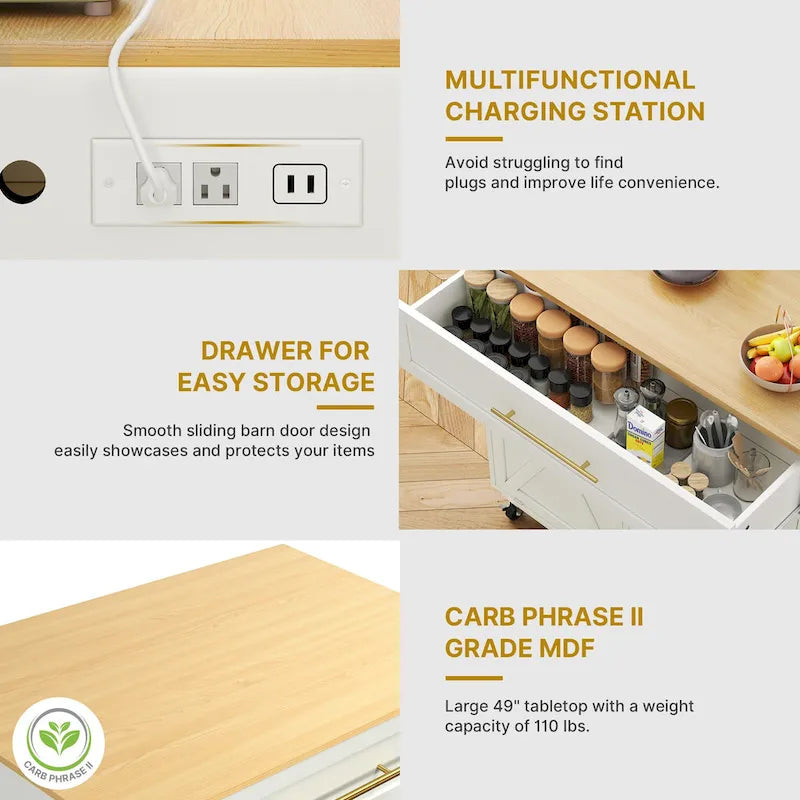 Rolling Kitchen Island Mobile Cart with Trash Can Storage Cabinet
