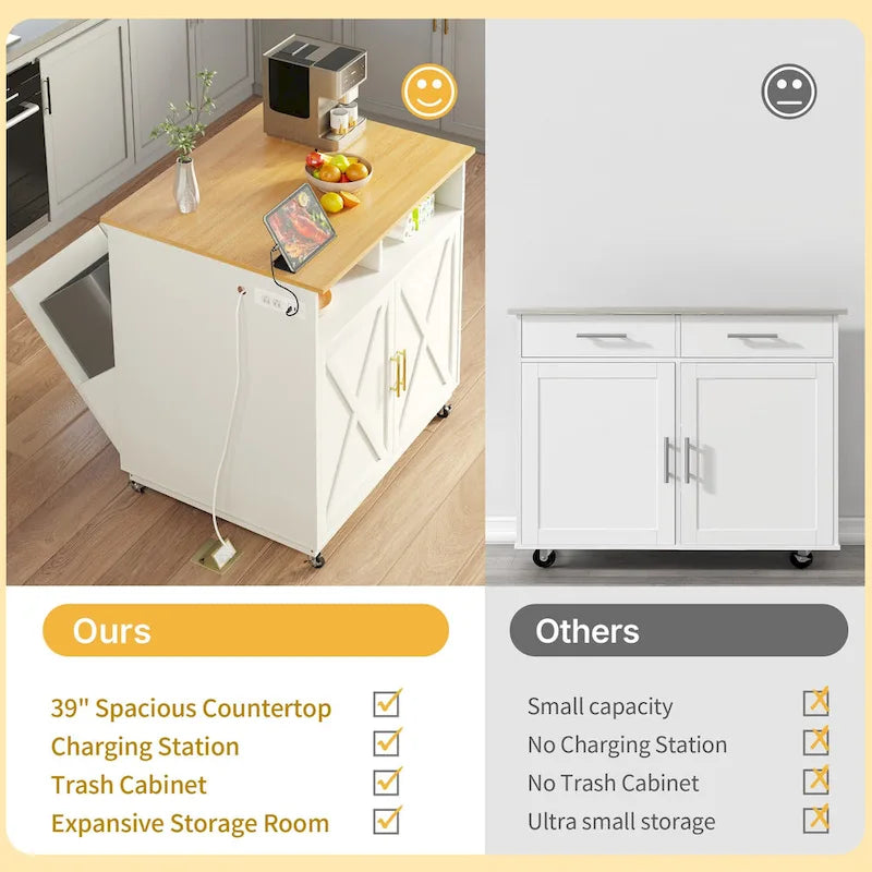 Rolling Kitchen Island Mobile Cart with Trash Can Storage Cabinet