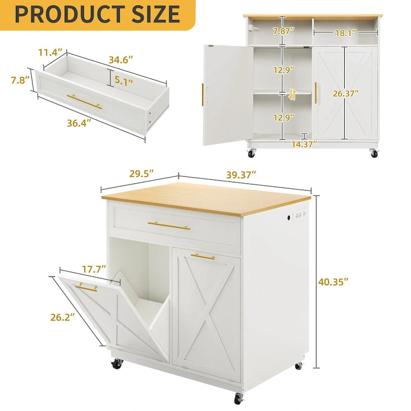 Rolling Kitchen Island Mobile Cart with Trash Can Storage Cabinet