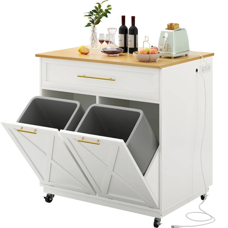 Rolling Kitchen Island Mobile Cart with Trash Can Storage Cabinet