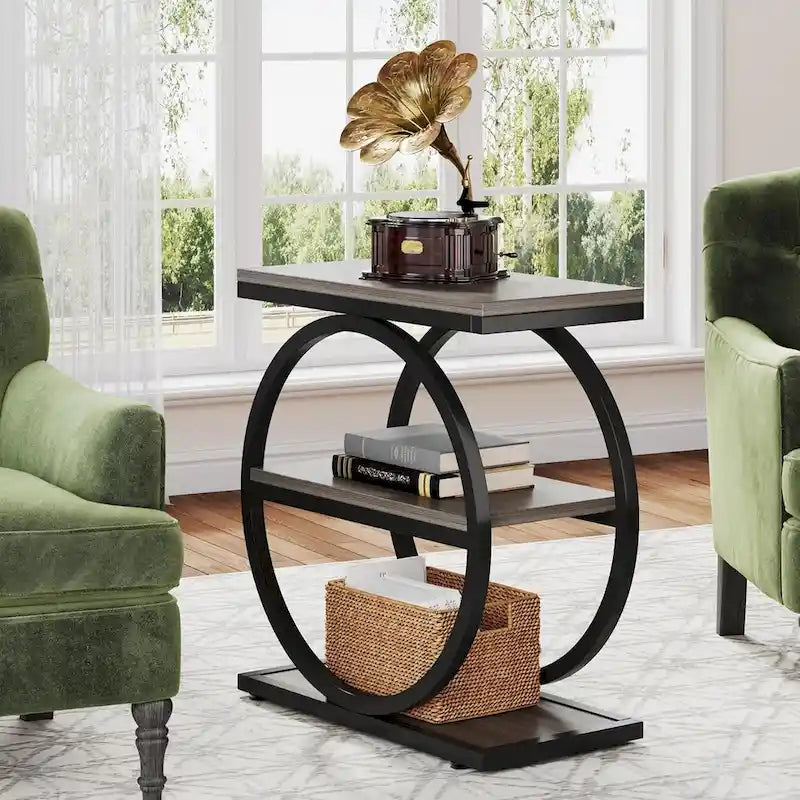 End Table with 3 Storage Shelves, Wood Narrow Side Table