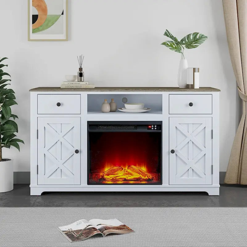 Farmhouse TV Stand with Fireplace for up to 65 TV - 60W x 33H x 15.5D
