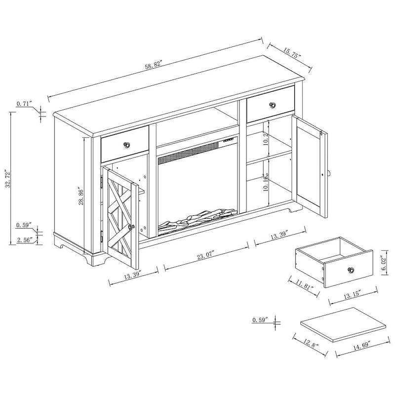 Farmhouse TV Stand with Fireplace for up to 65 TV - 60W x 33H x 15.5D
