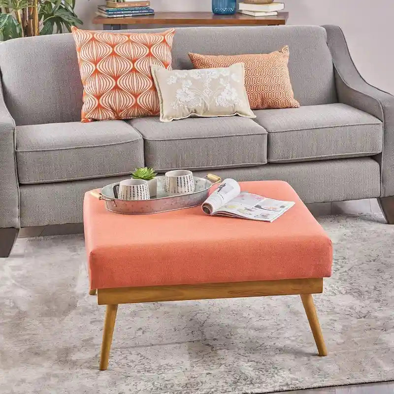 Mid-Century Square Ottoman with Rubberwood Legs