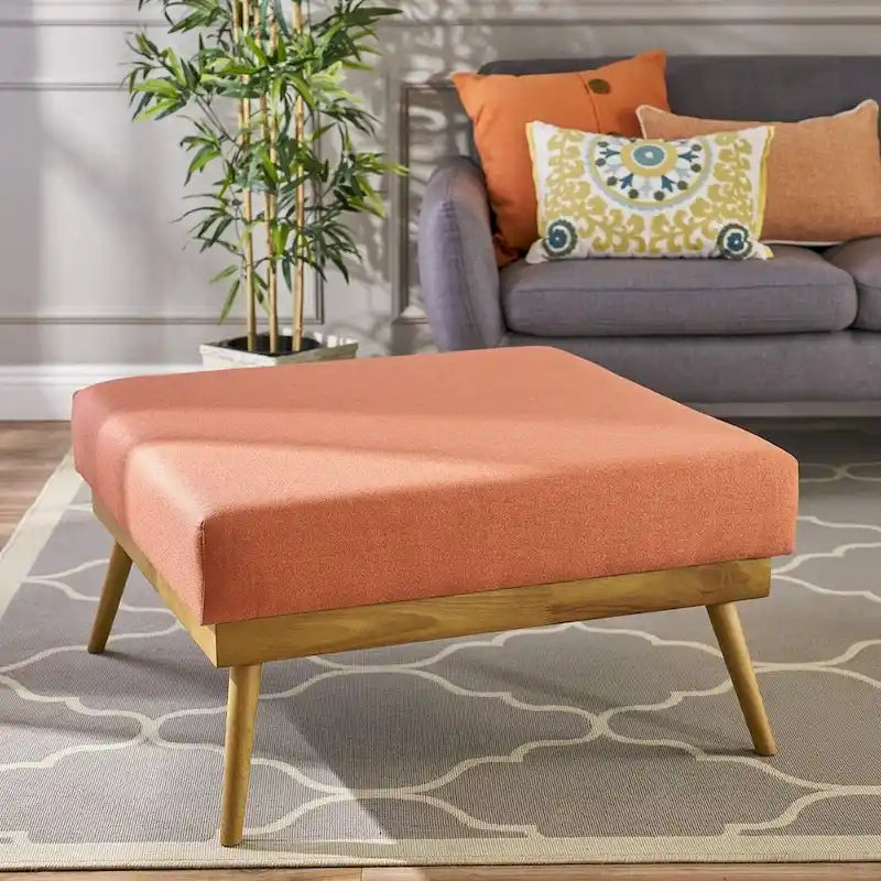 Mid-Century Square Ottoman with Rubberwood Legs