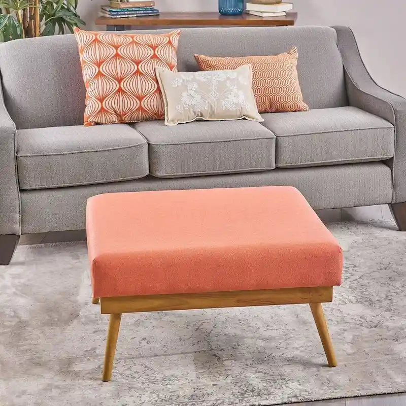 Mid-Century Square Ottoman with Rubberwood Legs