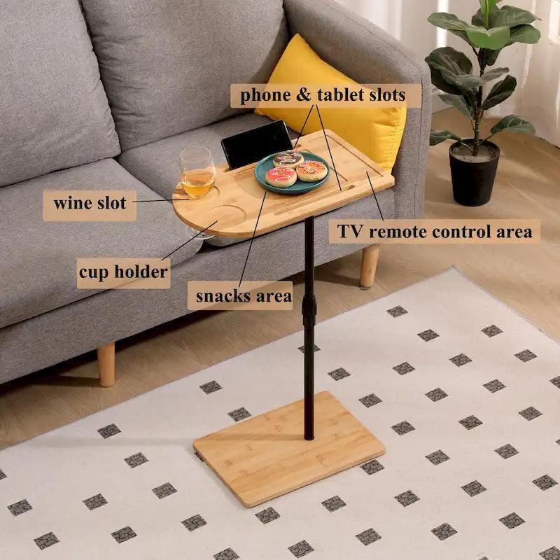 Tray Table Height Adjustable Side Table for Sofa C-shaped Oval End Tables with Slots for Living Room (Oval + Rectangle)